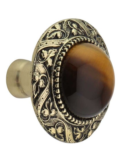 Victorian Cabinet Knob Inset with Tiger Eye - 1 5/16 inch Diameter in Brite Brass.